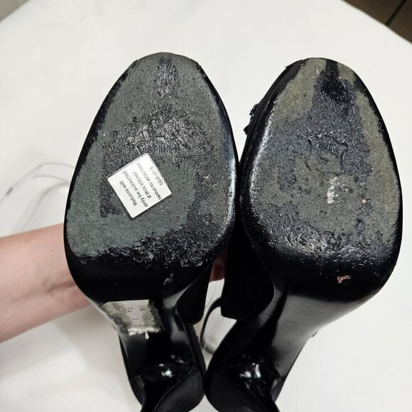 Stuart Weitzman Black Satin Beaded Rosette Peep Toe Slingback Heels Size 10 - Picture 3 of 12